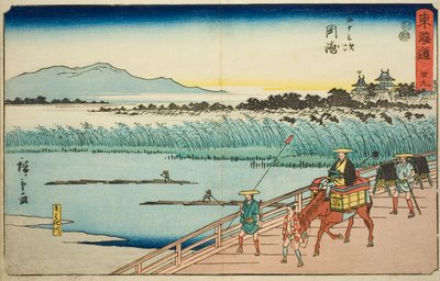 Okazaki: Fiume Yahagi (Okazaki, Yahagigawa)—N. 39, dalla serie "Le cinquantatré stazioni del Tokaido (Tokaido gojusan tsugi)," anche conosciuta come il Reisho Tokaido da Utagawa Hiroshige