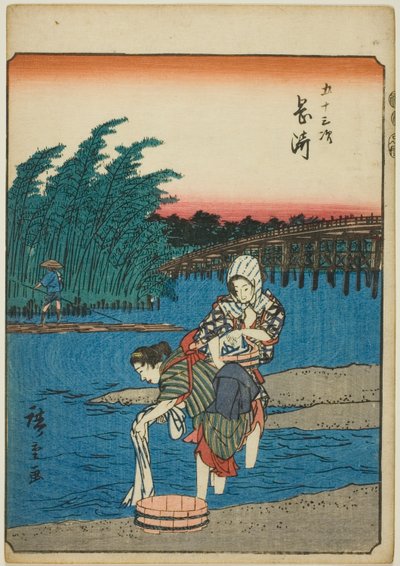 Okazaki, dalla serie "Cinquantatré stazioni [del Tokaido] (Gojusan tsugi)," conosciuta anche come il Tokaido delle figure (Jinbutsu Tokaido) da Utagawa Hiroshige
