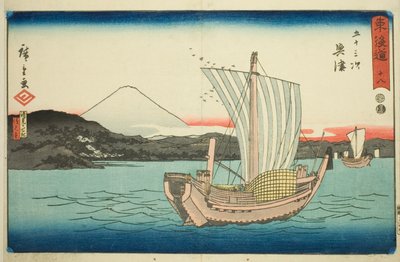 Okitsu: Kiyomigaseki e Tempio Seiken (Kiyomigaseki, Seikenji)—N. 18, dalla serie "Le Cinquantatré Stazioni del Tokaido (Tokaido gojusan tsugi)," anche conosciuta come il Reisho Tokaido da Utagawa Hiroshige