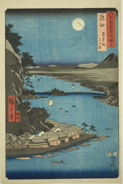 Provincia di Omi: Lago Biwa e Tempio di Ishiyama (Omi, Biwako Ishiyamadera), dalla serie "Luoghi famosi nelle sessanta e più province (Rokujuyoshu meisho zue)" da Utagawa Hiroshige