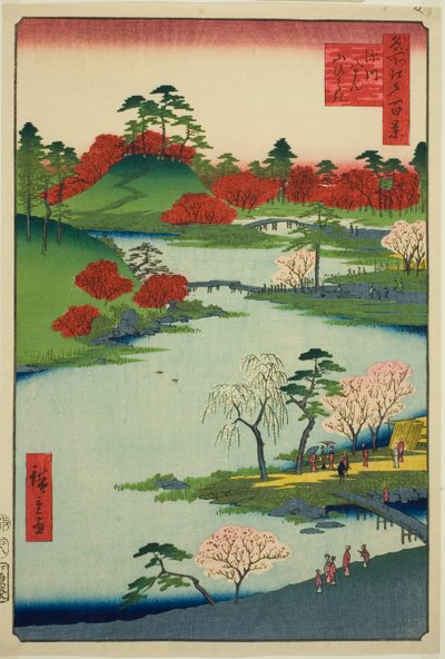 Apertura del giardino al santuario Fukagawa Hachiman (Fukagawa Hachiman yamabiraki), dalla serie "Cento vedute famose di Edo (Meisho Edo hyakkei)" da Utagawa Hiroshige