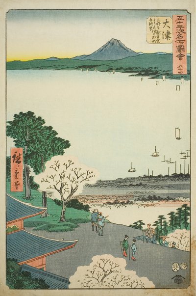Otsu: Vista lontana di Otsu e del lago dalla Sala Kannon del Tempio Mii (Otsu, Miidera Kannondo yori Otsu no machi kosui chobo), n. 54 dalla serie "Vedute famose delle cinquantatré stazioni (Gojusan tsugi meisho zue)" da Utagawa Hiroshige