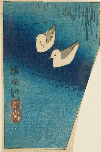 Beccacce di mare sul fiume Sumida (Sumidagawa, miyakodori), sezione di un foglio dalla serie "Ritagli di luoghi famosi di Edo (Harimaze Koto meisho)" da Utagawa Hiroshige