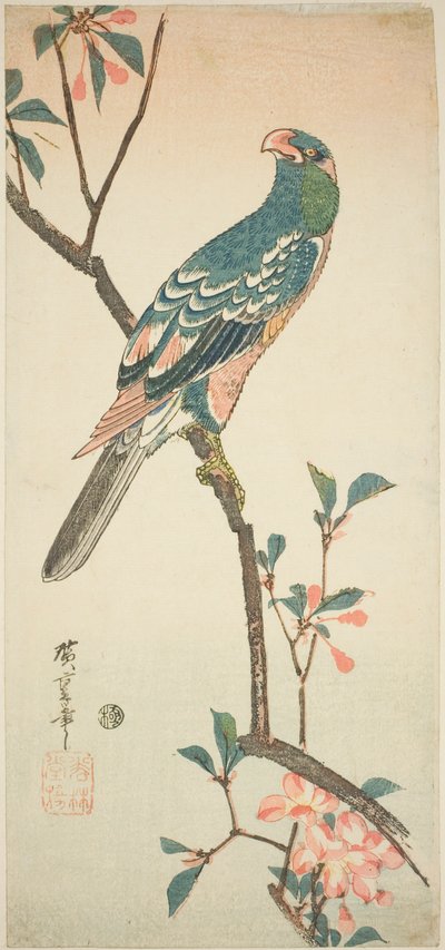 Pappagallo su un ramo fiorito da Utagawa Hiroshige