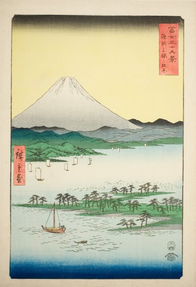 Spiaggia di pini a Miho nella provincia di Suruga (Suruga Miho no matsubara), dalla serie "Trentasei vedute del Monte Fuji (Fuji sanjurokkei)" da Utagawa Hiroshige