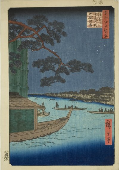 Pino del Successo e Oumayagashi, fiume Asakusa (Asakusagawa Shubi no matsu Oumayagashi), dalla serie "Cento vedute famose di Edo (Meisho Edo hyakkei)" da Utagawa Hiroshige