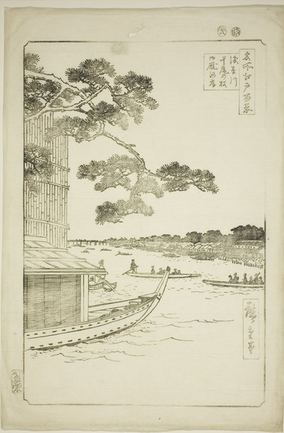 Pino del successo e Oumayagashi, fiume Asakusa (Asakusagawa shubi no matsu Oumayagashi), dalla serie "Cento vedute famose di Edo (Meisho Edo hyakkei)" da Utagawa Hiroshige
