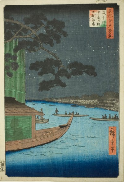 Pino del Successo e Oumayagashi, fiume Asakusa (Asakusagawa shubi no matsu Oumayagashi), dalla serie Cento vedute famose di Edo (Meisho Edo hyakkei) da Utagawa Hiroshige