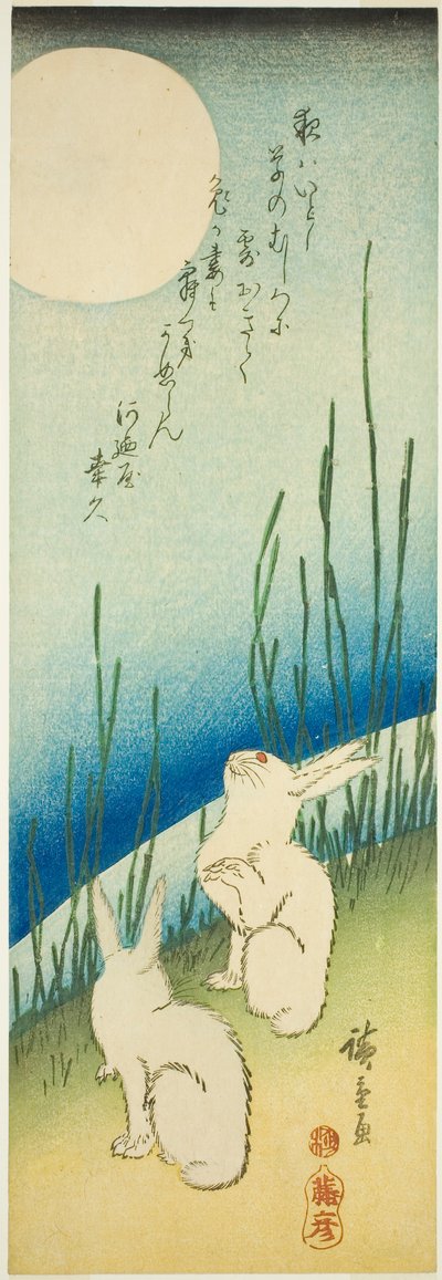 Conigli sotto la luna piena da Utagawa Hiroshige