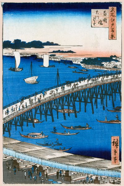 Riva del fiume al ponte di Ryogoku, Cento vedute famose di Edo, 1856-1858 da Utagawa Hiroshige