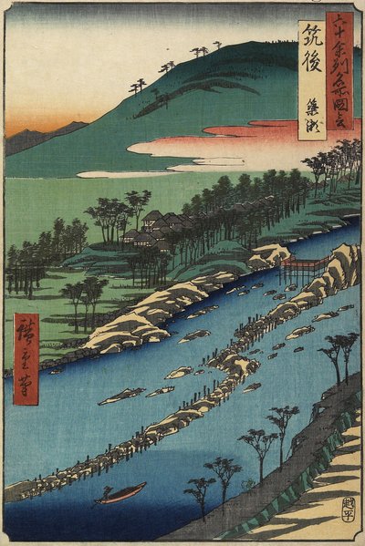 Fiume con trappole per pesci, provincia di Chikugo, settembre 1855 da Utagawa Hiroshige