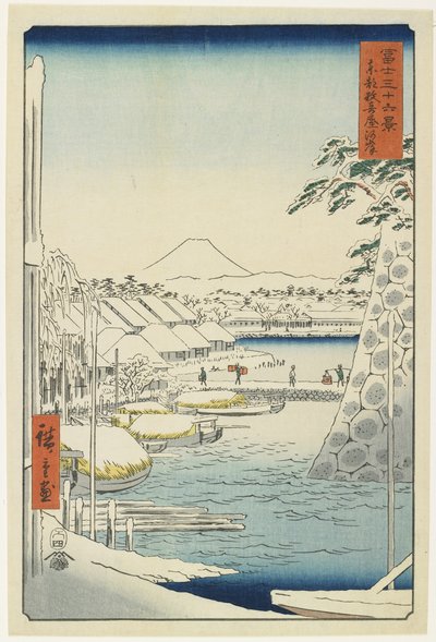 Riva del fiume di Sukiya nella capitale orientale, aprile 1858 da Utagawa Hiroshige