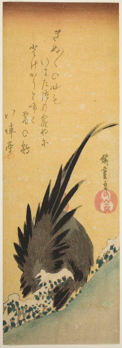 Gallo su una collina in inverno da Utagawa Hiroshige