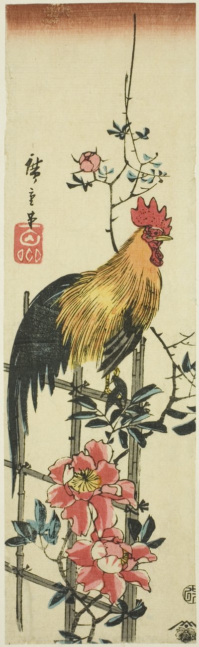 Gallo appollaiato su un traliccio di rose da Utagawa Hiroshige