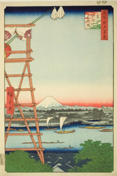 Ryogoku Ekoin e Ponte Moto-Yanagi (Ryogoku Ekoin Moto-Yanagibashi), dalla serie "Cento vedute famose di Edo (Meisho Edo hyakkei)" da Utagawa Hiroshige