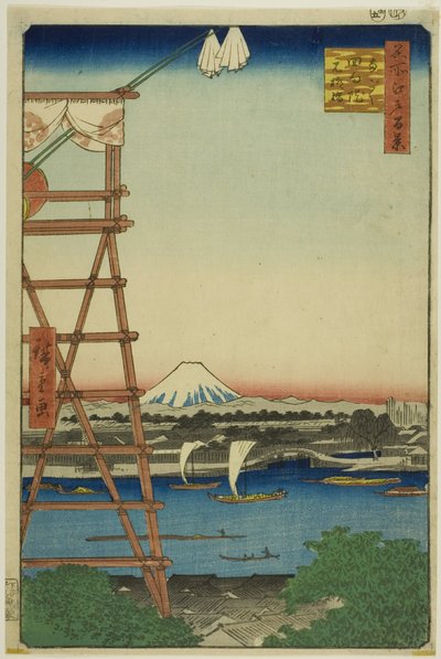 Ryogoku Ekoin e ponte Moto-Yanagi (Ryogoku Ekoin Moto-Yanagibashi), dalla serie "Cento vedute famose di Edo (Meisho Edo hyakkei)". da Utagawa Hiroshige