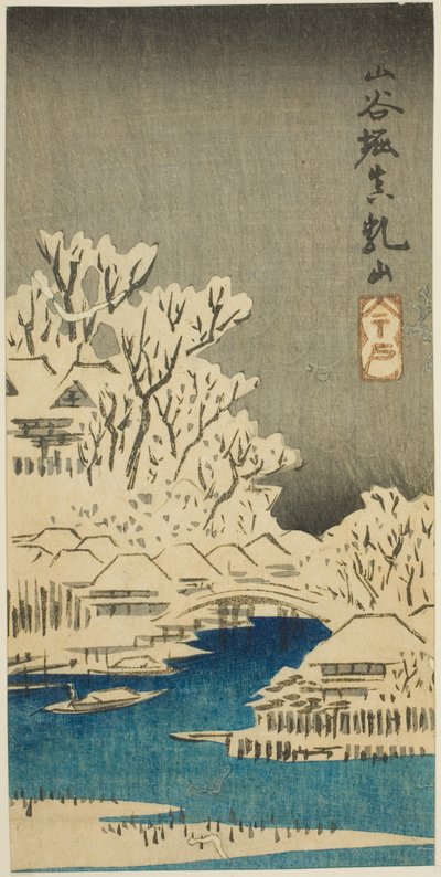 Canale di Sanya e collina di Matsuchi (Sanyabori Matsuchiyama), sezione di un foglio dalla serie "Ritagli di luoghi famosi di Edo (Harimaze Koto meisho)" da Utagawa Hiroshige