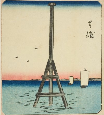 Shibaura, sezione di un foglio dalla serie "Immagini ritagliate di luoghi famosi di Edo (Edo meisho harimaze zue)" da Utagawa Hiroshige