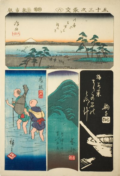 Shimada, Fujieda, Okabe e Mariko, no. 6 dalla serie "Ritagli delle cinquantatré stazioni (Gojusan tsugi harimaze)" da Utagawa Hiroshige