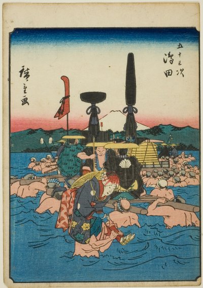 Shimada, dalla serie "Le Cinquantatré Stazioni [del Tokaido] (Gojusan tsugi)," anche conosciuta come il Tokaido delle Figure (Jinbutsu Tokaido) da Utagawa Hiroshige