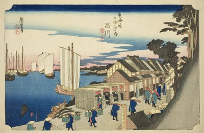 Shinagawa: Partenza del Daimyo (Shinagawa, shoko detachi), dalla serie "Le cinquantatré stazioni della strada del Tokaido (Tokaido gojusan tsugi no uchi)," anche conosciuta come Hoeido Tokaido da Utagawa Hiroshige