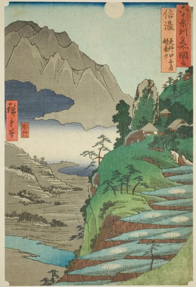 Provincia di Shinano: La luna riflessa nei campi di riso di Sarashina vicino al Monte Kyodai, dalla serie "Luoghi famosi nelle sessanta e più province (Rokujuyoshu meisho zue)" da Utagawa Hiroshige