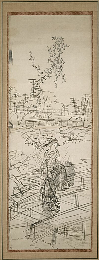 Schizzo di donna che attraversa il ponte da Utagawa Hiroshige
