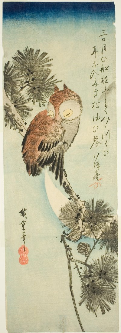 Gufo dalle piccole corna, pino e luna crescente da Utagawa Hiroshige