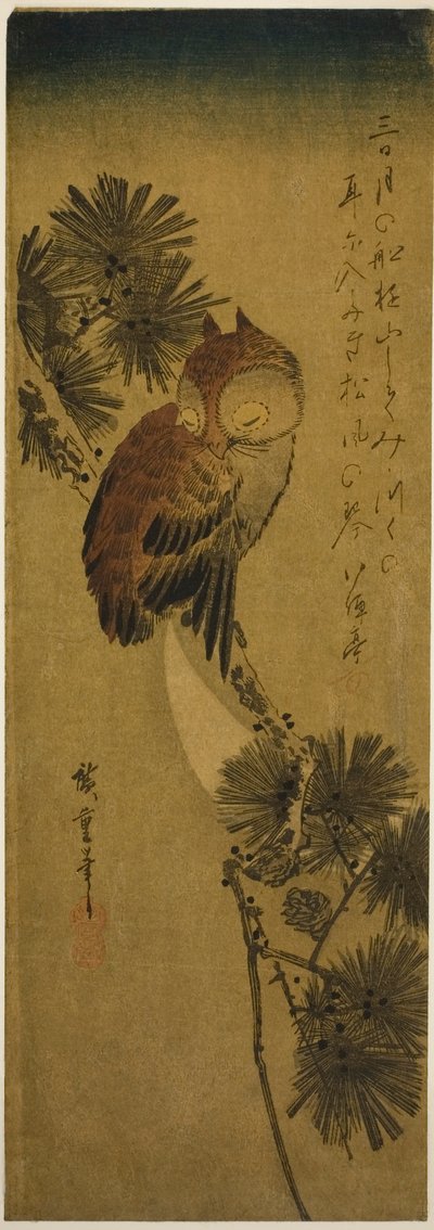Gufo cornuto piccolo, pino e luna crescente da Utagawa Hiroshige