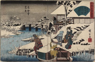 Scena di neve al Tempio Mokubo-ji e al Ristorante Uekiya, c. 1835-1842 da Utagawa Hiroshige