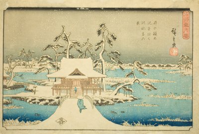 Neve al santuario di Benzaiten nello stagno di Inokashira (Inokashira no ike Benzaiten no yashiro yuki no kei), dalla serie "Neve, luna e fiori in luoghi famosi (Meisho setsugekka)" da Utagawa Hiroshige