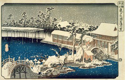 Neve di notte: una scena che raffigura una casa, un fiume e un giardino ornamentale sotto la neve cadente, dalla serie 53 stazioni del Tokaido da Utagawa Hiroshige