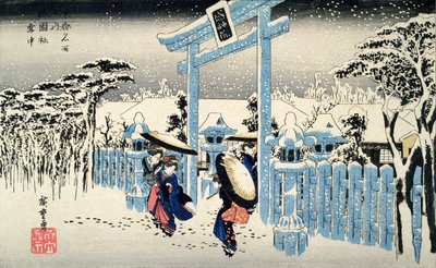 Neve di notte: giovani donne lasciano un tempio sotto una fitta nevicata, dalla serie 53 Stazioni del Tokaido da Utagawa Hiroshige
