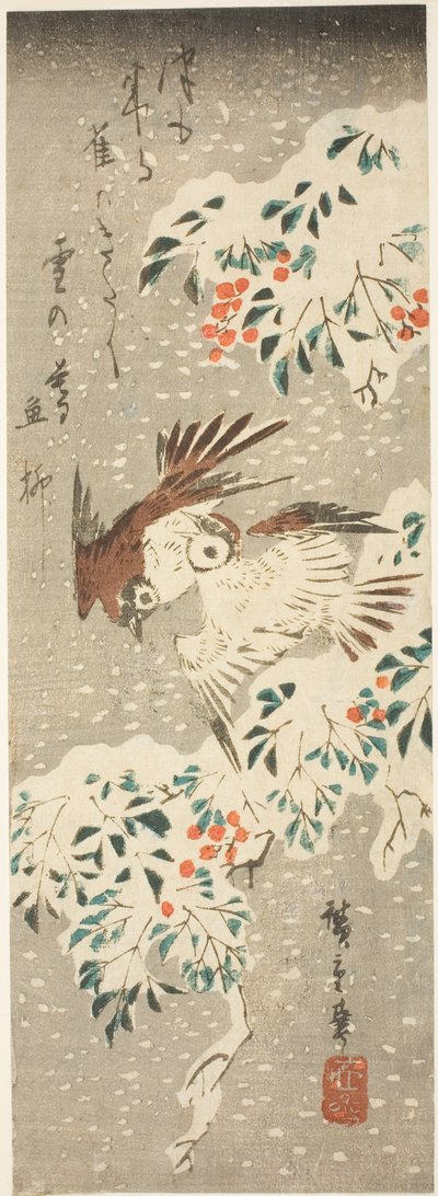 Passeri che svolazzano intorno a nandina coperta di neve mentre cade altra neve da Utagawa Hiroshige