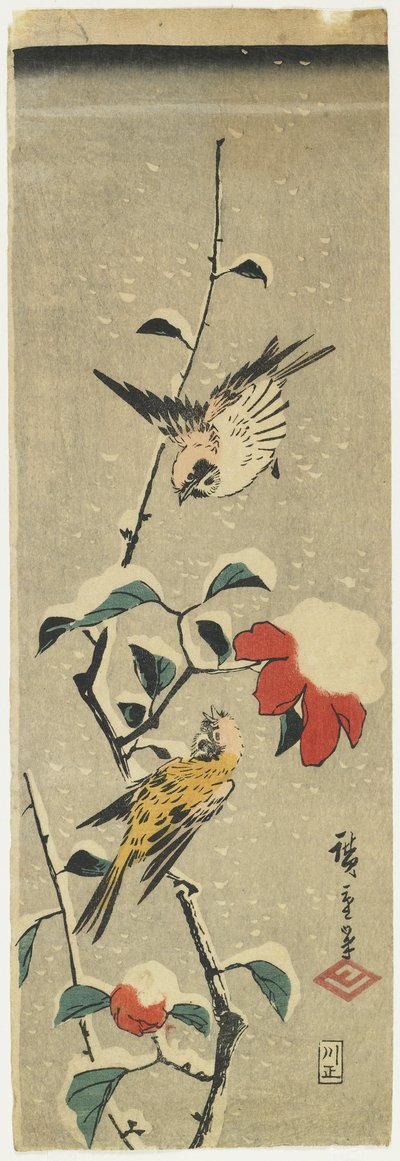 Passeri e camelia nevosa, 1837-1848 da Utagawa Hiroshige