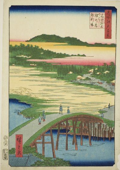 Ponte Sugatami, Ponte Omokage e la cava di ghiaia a Takata (Takata Sugataminohashi Omokagenohashi jariba), dalla serie "Cento vedute famose di Edo (Meisho Edo hyakkei)" da Utagawa Hiroshige