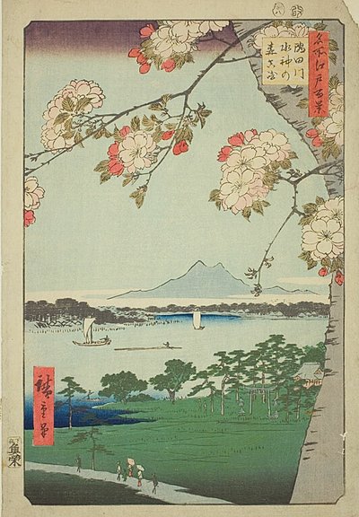 Santuario Suijin e Massaki sul fiume Sumida (Sumidagawa Suijin no mori Massaki), n. 35 della serie "Cento vedute famose di Edo (Meisho Edo hyakkei)". da Utagawa Hiroshige