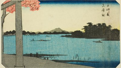 Boschi di Suijin e il santuario a Massaki (Suijin no mori, Massaki yashiro), sezione di un foglio dalla serie "Immagini ritagliate di luoghi famosi a Edo (Edo meisho harimaze zue)" da Utagawa Hiroshige