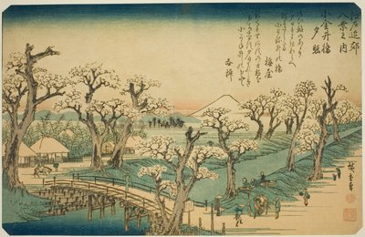 Bagliore del tramonto al ponte Koganei (Koganei-bashi sekisho), dalla serie "Otto vedute nei dintorni di Edo (Edo kinko hakkei no uchi)" da Utagawa Hiroshige
