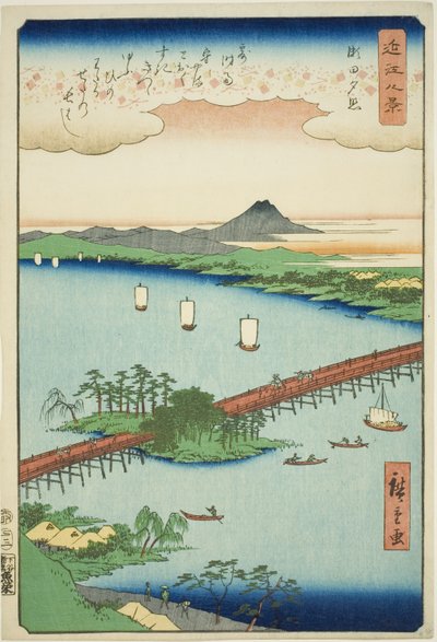 Bagliore del tramonto a Seta (Seta sekisho), dalla serie "Otto vedute di Omi (Omi hakkei)" da Utagawa Hiroshige