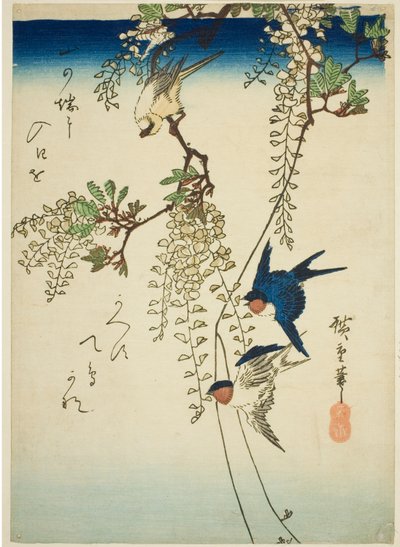Rondine, uccello giallo e glicine da Utagawa Hiroshige