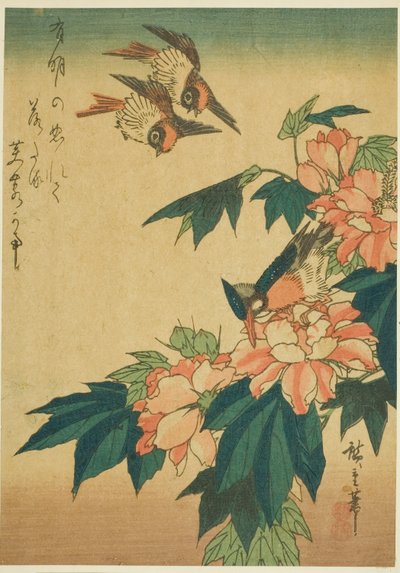 Rondini, martin pescatore e ibisco da Utagawa Hiroshige