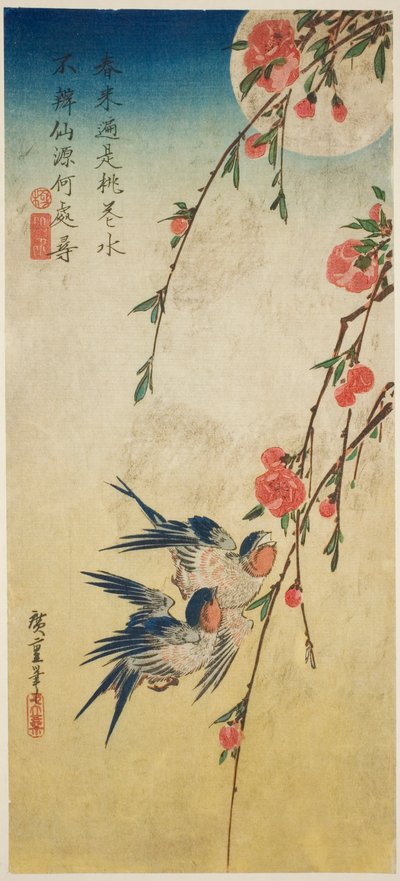 Rondini, fiori di pesco e luna piena da Utagawa Hiroshige