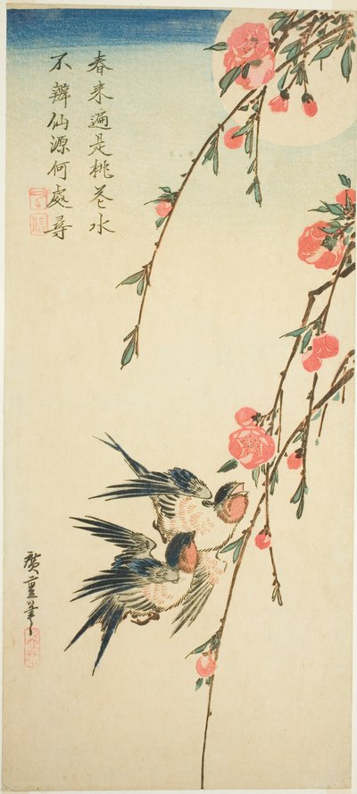 Rondini, fiori di pesco e luna piena da Utagawa Hiroshige