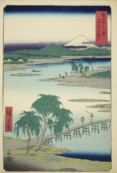 Fiume Tama nella provincia di Musashi (Musashi Tamagawa), dalla serie "Trentasei vedute del Monte Fuji (Fuji sanjurokkei)" da Utagawa Hiroshige