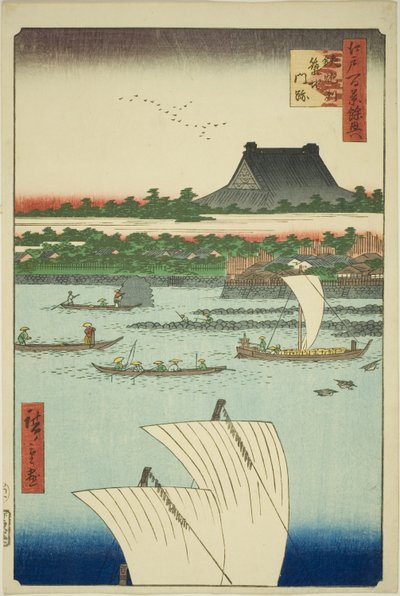 Teppozu e il Tempio Tsukiji Honganji (Teppozu Tsukiji Monzeki), dalla serie "Supplemento alle Cento Vedute Famose di Edo (Edo hyakkei yokyo)" da Utagawa Hiroshige