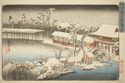Il complesso del santuario Tenman a Kameido nella neve (Kameido Tenmangu keidai no yuki), dalla serie "Luoghi famosi della capitale orientale (Toto meisho)" da Utagawa Hiroshige
