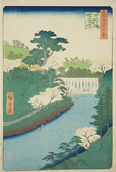 La diga sul fiume Otonashi a Oji, comunemente chiamata "la grande cascata" (Oji Otonashigawa entai, sezoku Otaki to tonau), n. 19 della serie "Cento vedute famose di Edo (Meisho Edo hyakkei)". da Utagawa Hiroshige