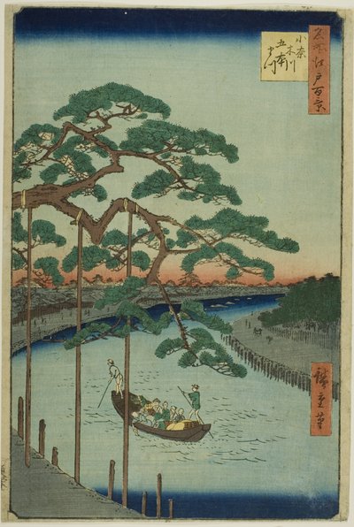 I cinque pini sul fiume Onagi (Onagigawa Gohonmatsu), dalla serie "Cento vedute famose di Edo (Meisho Edo hyakkei)". da Utagawa Hiroshige