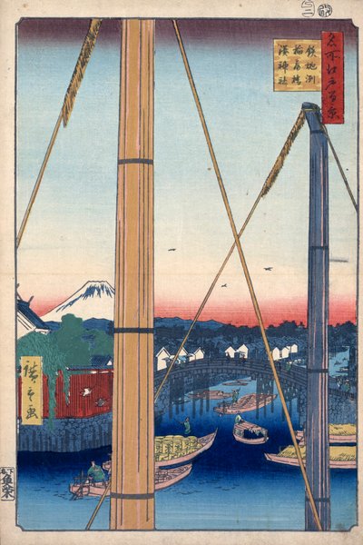 Il santuario del porto e il ponte Inari a Teppozu, Cento famose vedute di Edo da Utagawa Hiroshige